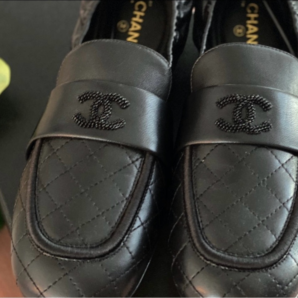 CHANEL Black Leather Quilted Loafers